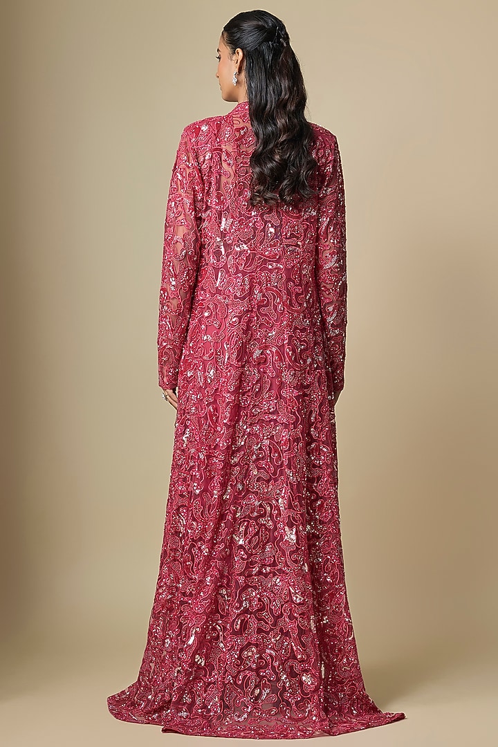 Magenta Satin Tulle Hand Embroidered Long Jacket Set by ASAGA at Pernia's Pop Up Shop