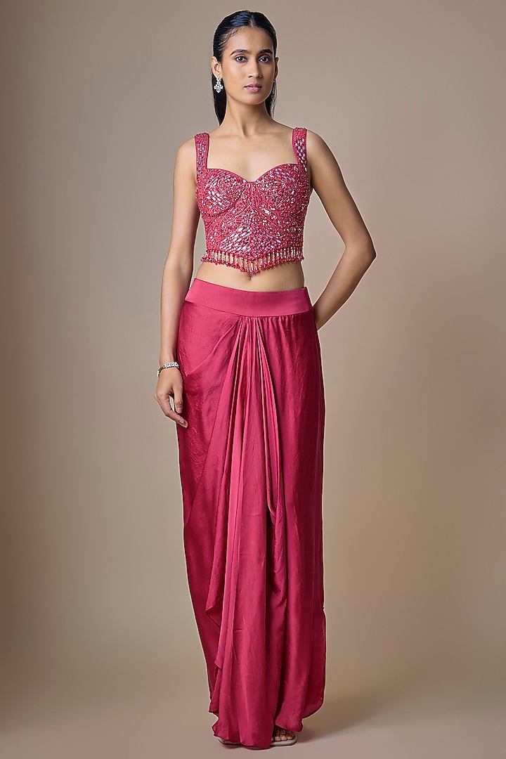 Magenta Satin Tulle Hand Embroidered Long Jacket Set by ASAGA at Pernia's Pop Up Shop