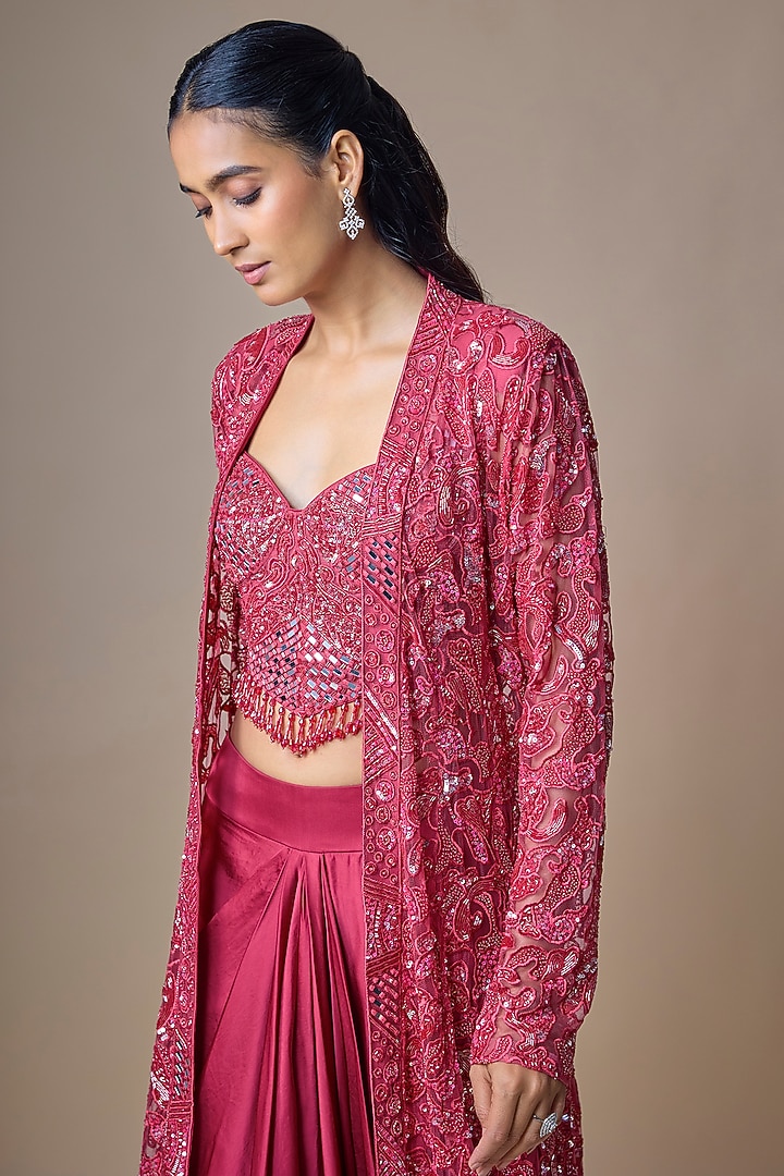 Magenta Satin Tulle Hand Embroidered Long Jacket Set by ASAGA at Pernia's Pop Up Shop