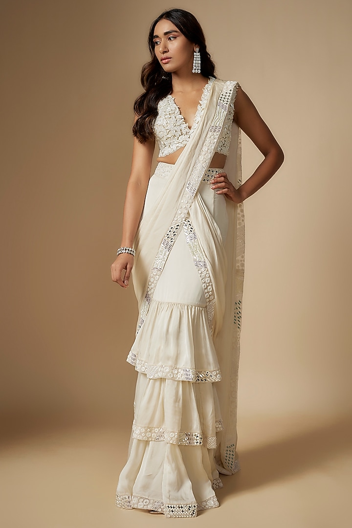 Ivory Satin Organza Hand Embroidered Draped Wedding Saree Set by ASAGA at Pernia's Pop Up Shop
