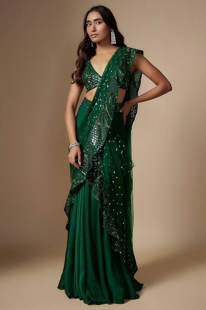 Emerald Green Satin Organza Hand Embroidered Draped Reception Saree Set by ASAGA at Pernia's Pop Up Shop