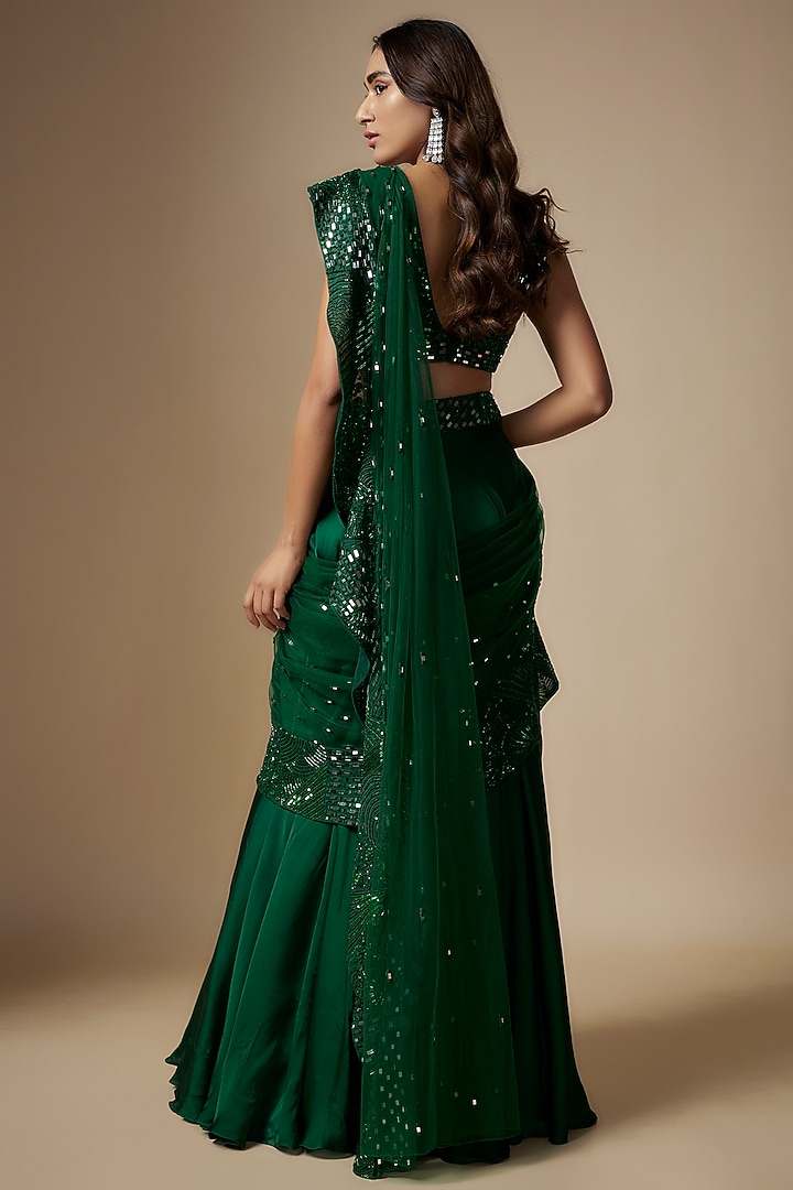 Emerald Green Satin Organza Hand Embroidered Draped Reception Saree Set by ASAGA at Pernia's Pop Up Shop