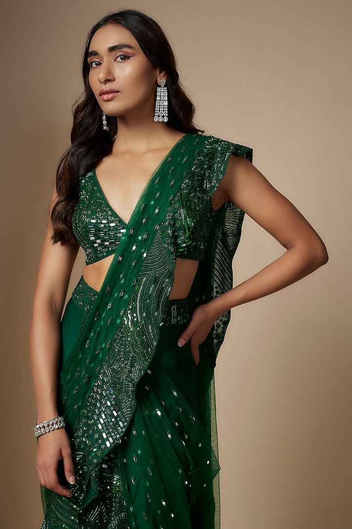 Emerald Green Satin Organza Hand Embroidered Draped Reception Saree Set by ASAGA at Pernia's Pop Up Shop