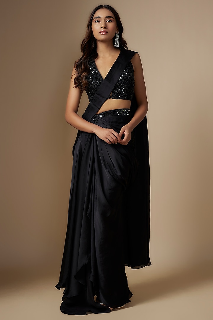 Black Satin Organza Hand Embroidered Draped Wedding Saree Set by ASAGA at Pernia's Pop Up Shop