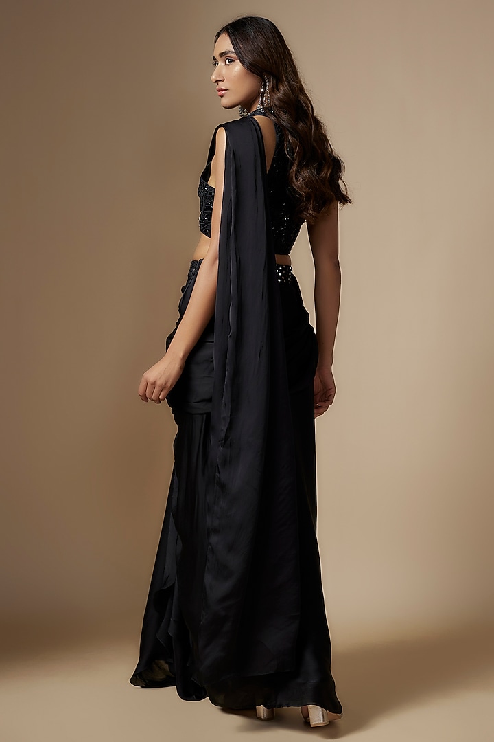 Black Satin Organza Hand Embroidered Draped Wedding Saree Set by ASAGA at Pernia's Pop Up Shop