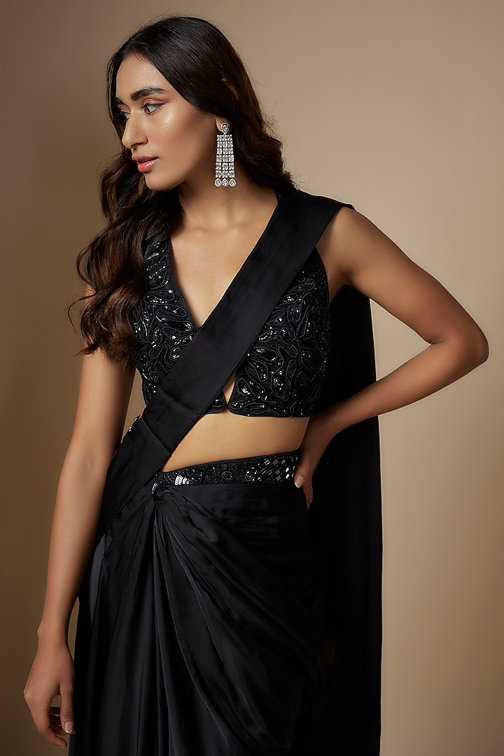 Black Satin Organza Hand Embroidered Draped Wedding Saree Set by ASAGA at Pernia's Pop Up Shop