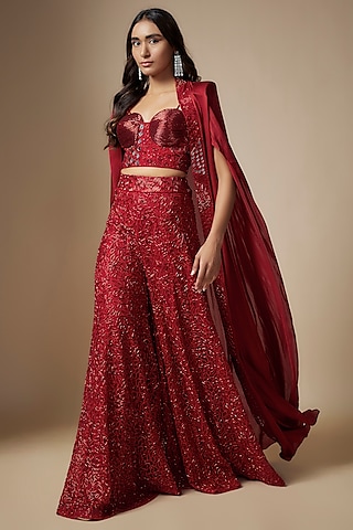 Red Muslin & Chanderi Hand Embroidered Sharara Set by ASAGA