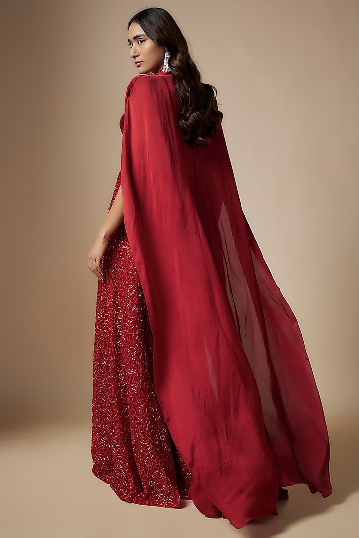 Red Muslin & Chanderi Hand Embroidered Bridal Sharara Set by ASAGA at Pernia's Pop Up Shop