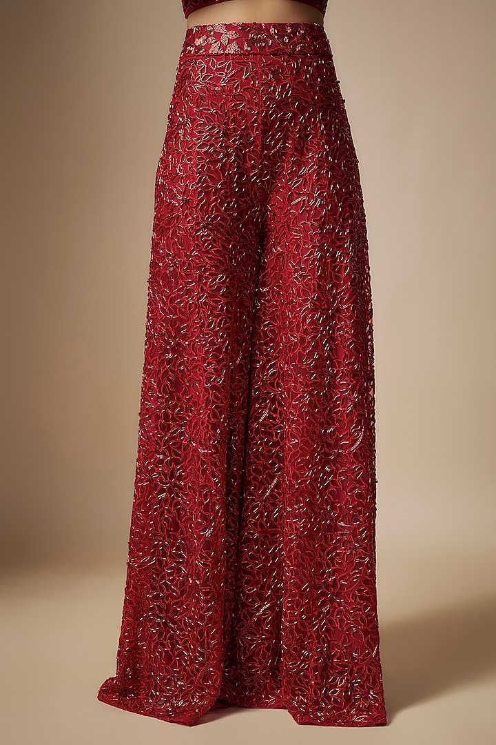 Red Muslin & Chanderi Hand Embroidered Bridal Sharara Set by ASAGA at Pernia's Pop Up Shop