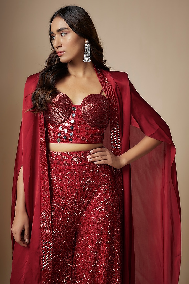 Red Muslin & Chanderi Hand Embroidered Bridal Sharara Set by ASAGA at Pernia's Pop Up Shop
