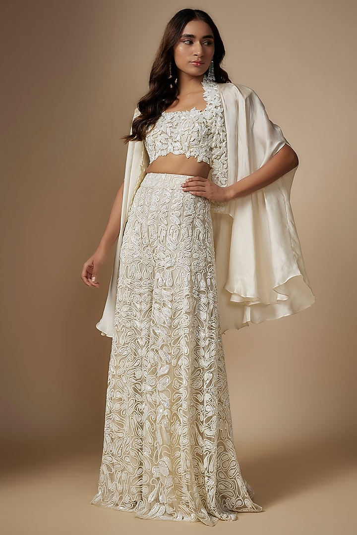 Ivory Tulle Hand Embroidered Bridal Sharara Set by ASAGA at Pernia's Pop Up Shop