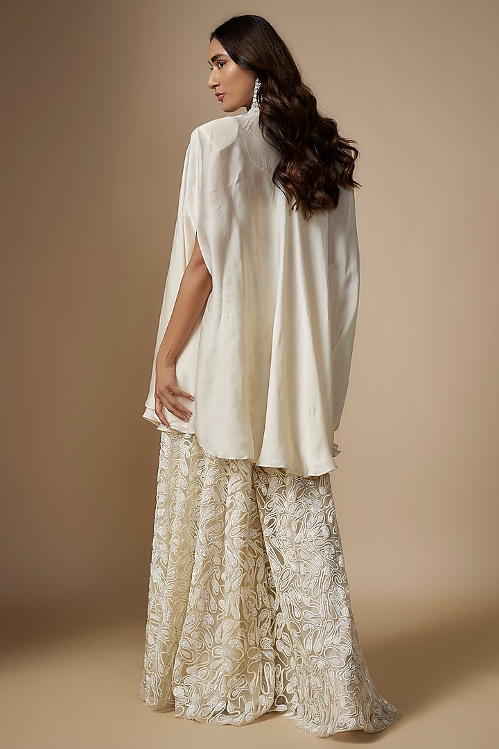 Ivory Tulle Hand Embroidered Bridal Sharara Set by ASAGA at Pernia's Pop Up Shop