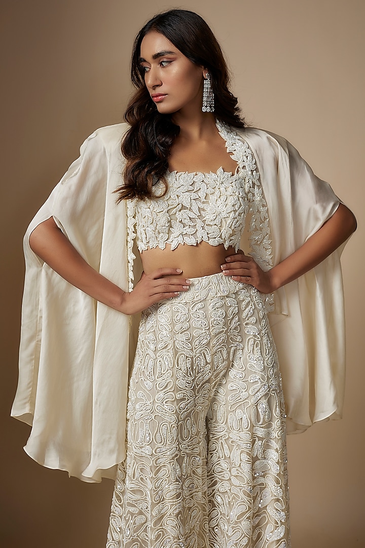 Ivory Tulle Hand Embroidered Bridal Sharara Set by ASAGA at Pernia's Pop Up Shop