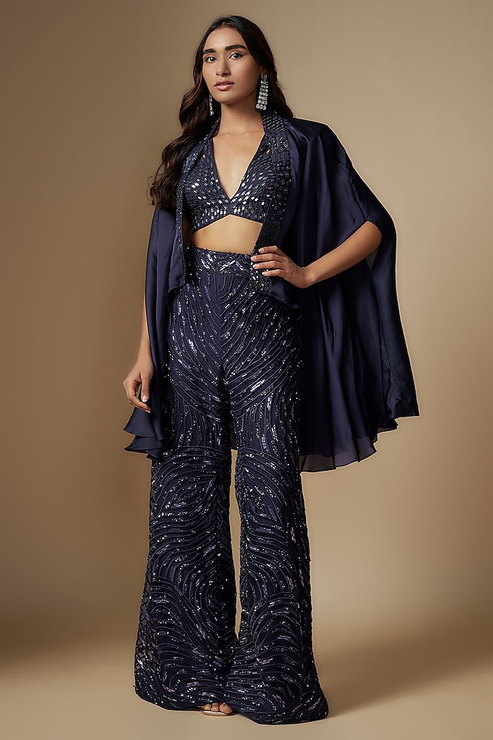 Sapphire Satin Organza Tulle Hand Embroidered Bridal Sharara Set by ASAGA at Pernia's Pop Up Shop