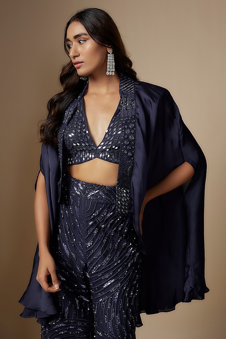 Sapphire Satin Organza Tulle Hand Embroidered Bridal Sharara Set by ASAGA at Pernia's Pop Up Shop