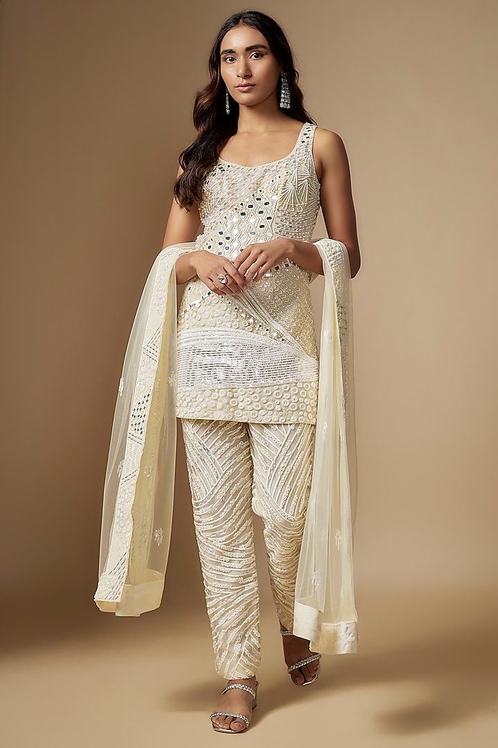 Ivory Tulle Hand Embroidered Kurta Set by ASAGA at Pernia's Pop Up Shop