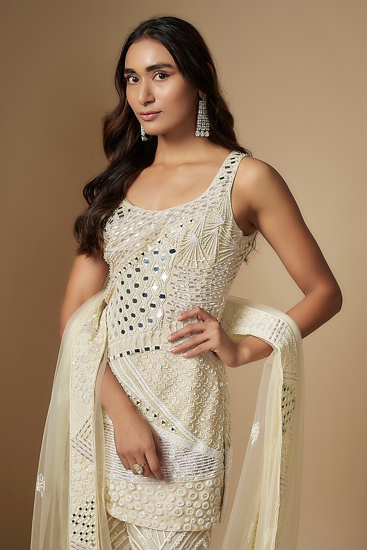 Ivory Tulle Hand Embroidered Kurta Set by ASAGA at Pernia's Pop Up Shop