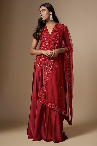 Red Satin Organza Flared Sharara Set by ASAGA