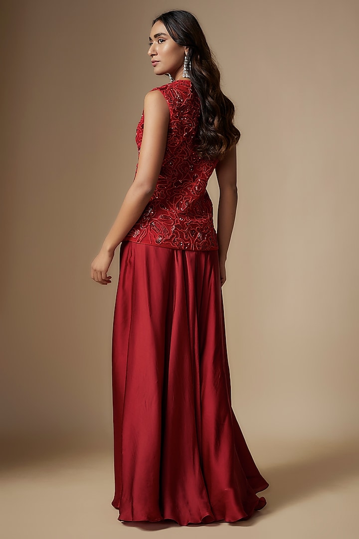 Red Satin Organza Flared Bridal Sharara Set by ASAGA at Pernia's Pop Up Shop