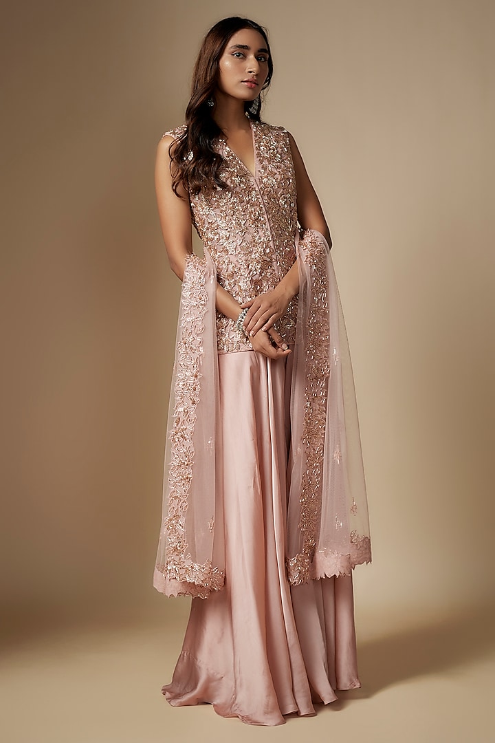 Rose Gold Satin Organza Flared Bridal Sharara Set by ASAGA at Pernia's Pop Up Shop