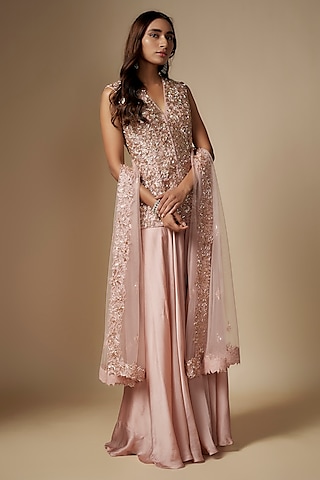 Rose Gold Satin Organza Flared Sharara Set by ASAGA