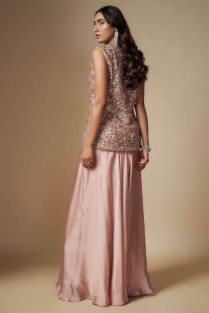 Rose Gold Satin Organza Flared Bridal Sharara Set by ASAGA at Pernia's Pop Up Shop