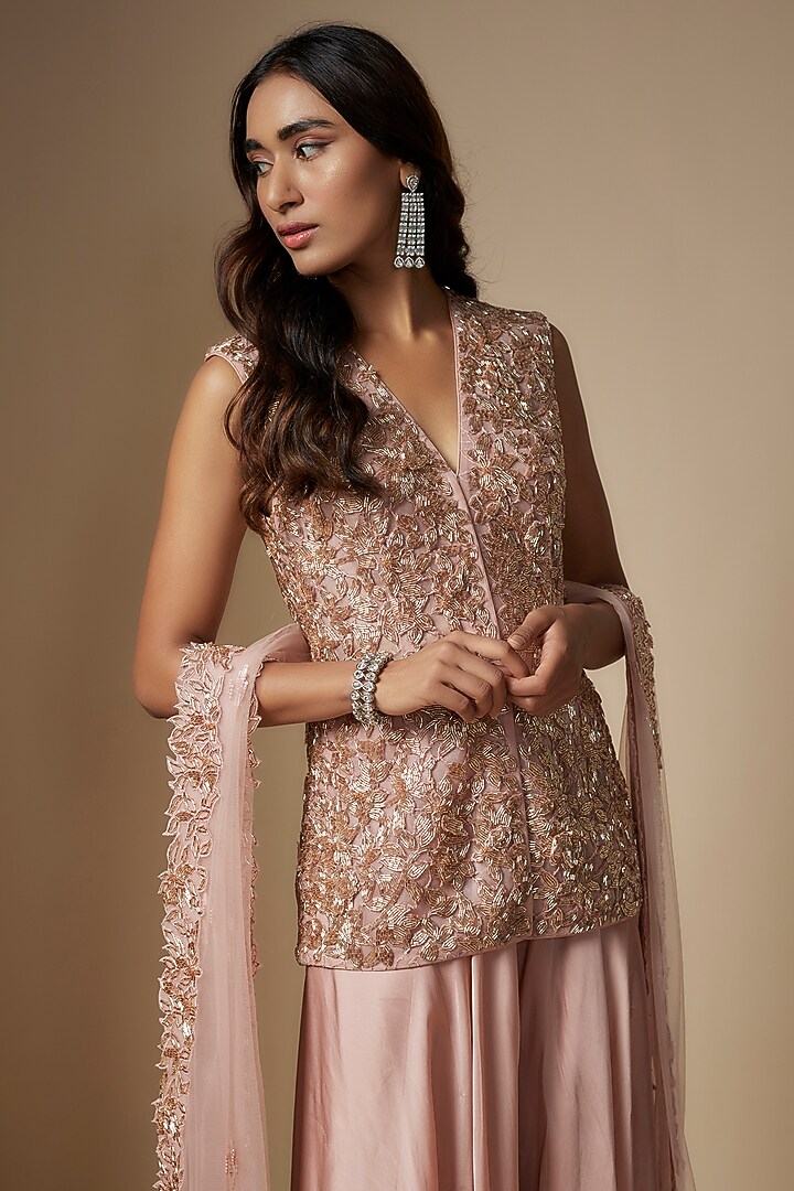 Rose Gold Satin Organza Flared Bridal Sharara Set by ASAGA at Pernia's Pop Up Shop