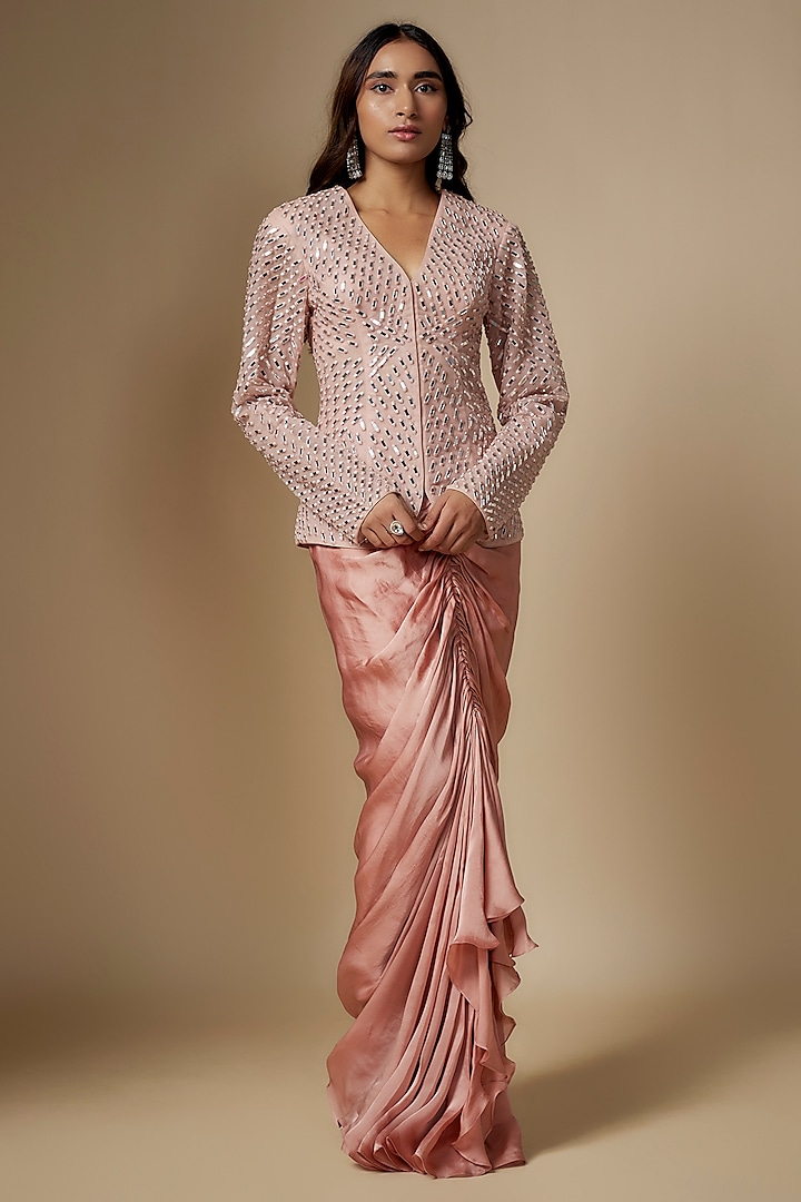 Rose Gold Satin Organza Draped Skirt Set by ASAGA at Pernia's Pop Up Shop