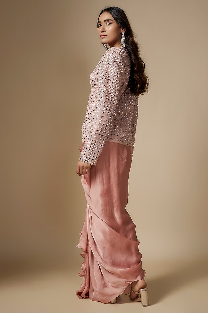 Rose Gold Satin Organza Draped Skirt Set by ASAGA at Pernia's Pop Up Shop