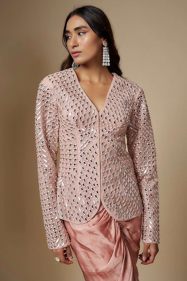 Rose Gold Satin Organza Draped Skirt Set by ASAGA at Pernia's Pop Up Shop