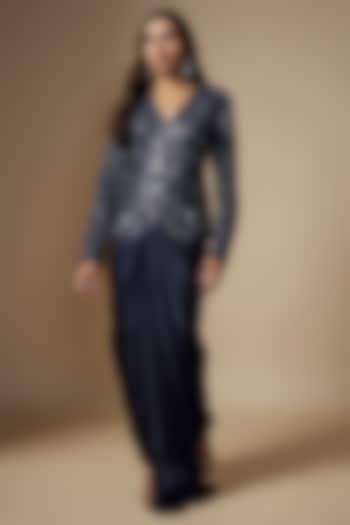 Navy Blue Satin Organza Draped Skirt Set by ASAGA at Pernia's Pop Up Shop