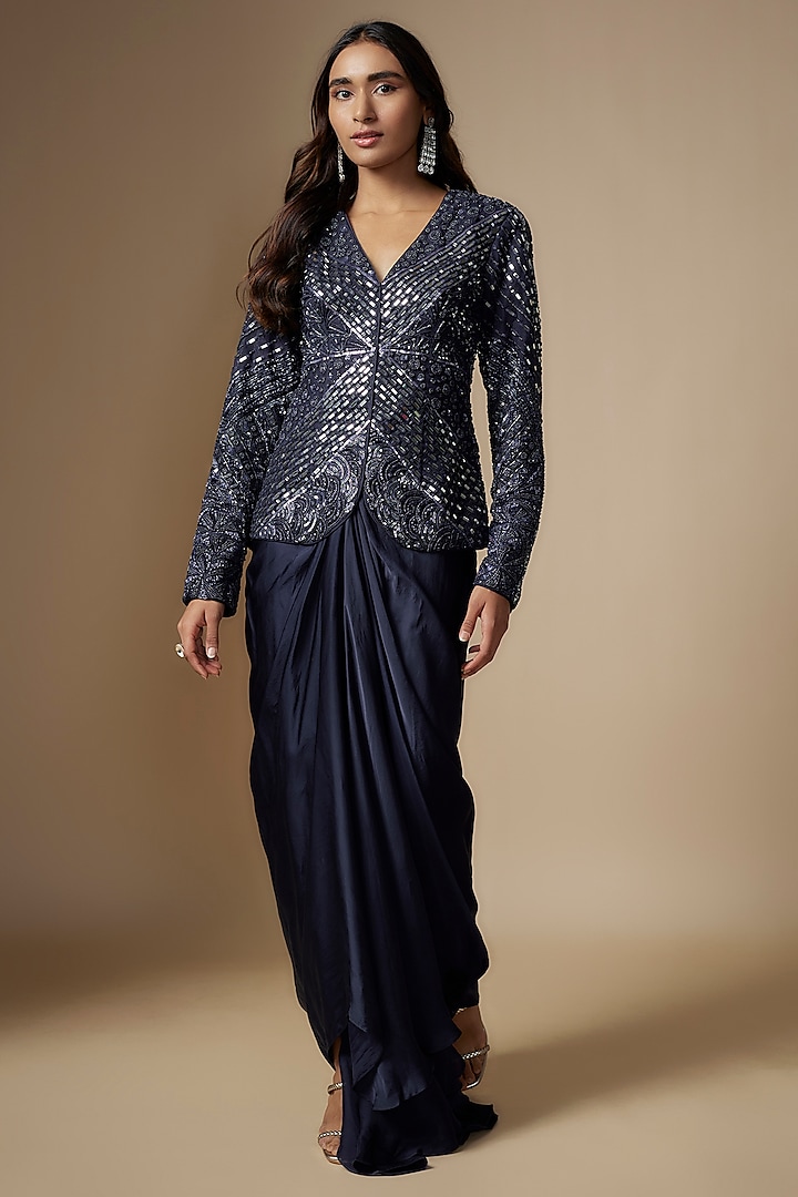Navy Blue Satin Organza Draped Skirt Set by ASAGA at Pernia's Pop Up Shop