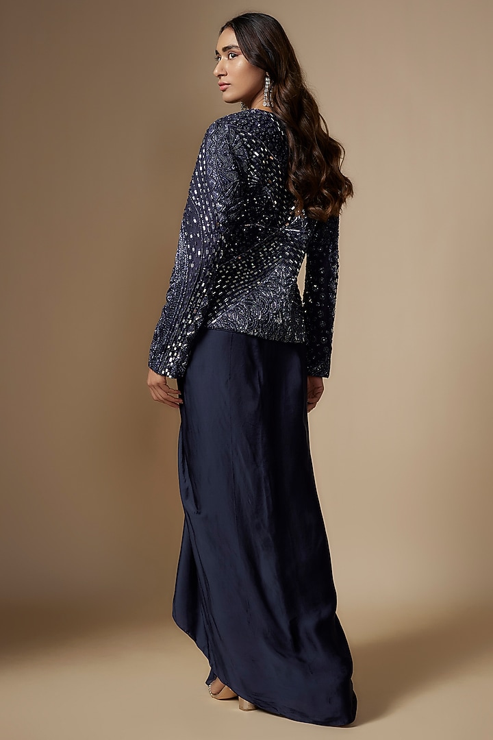 Navy Blue Satin Organza Draped Skirt Set by ASAGA at Pernia's Pop Up Shop