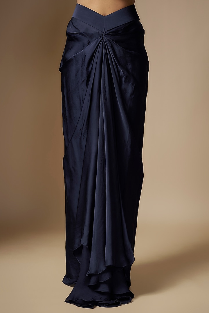 Navy Blue Satin Organza Draped Skirt Set by ASAGA at Pernia's Pop Up Shop