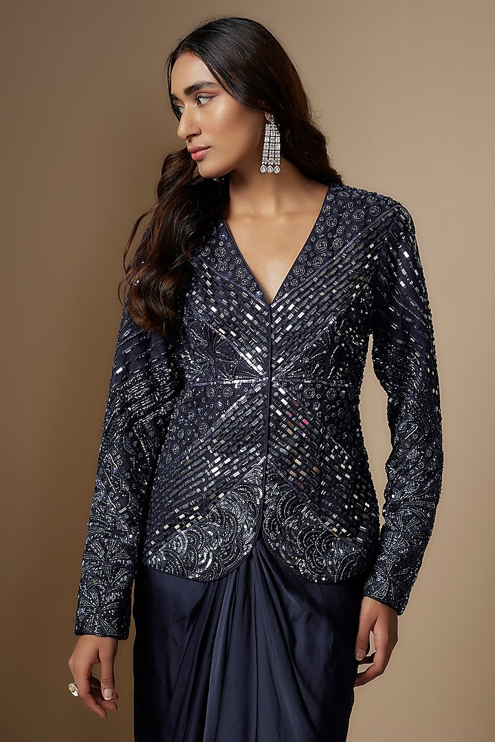Navy Blue Satin Organza Draped Skirt Set by ASAGA at Pernia's Pop Up Shop