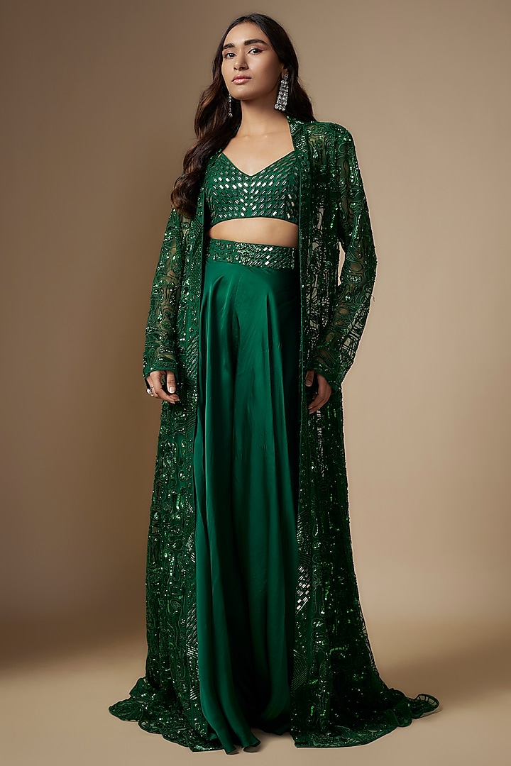 Emerald Green Satin Organza & Tulle Hand Embroidered Jacket Set by ASAGA at Pernia's Pop Up Shop