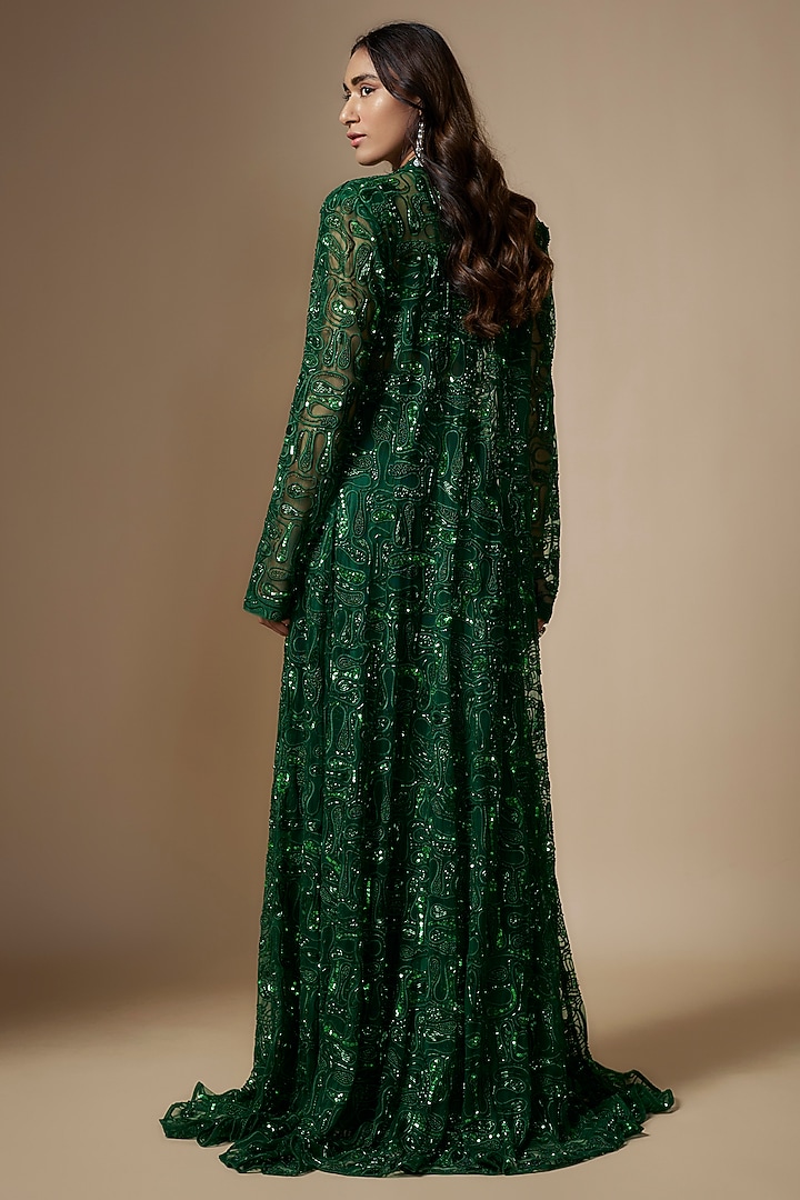 Emerald Green Satin Organza & Tulle Hand Embroidered Jacket Set by ASAGA at Pernia's Pop Up Shop