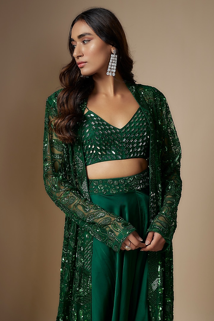 Emerald Green Satin Organza & Tulle Hand Embroidered Jacket Set by ASAGA at Pernia's Pop Up Shop
