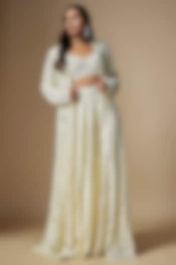 Ivory Satin Organza & Tulle Hand Embroidered Jacket Set by ASAGA at Pernia's Pop Up Shop