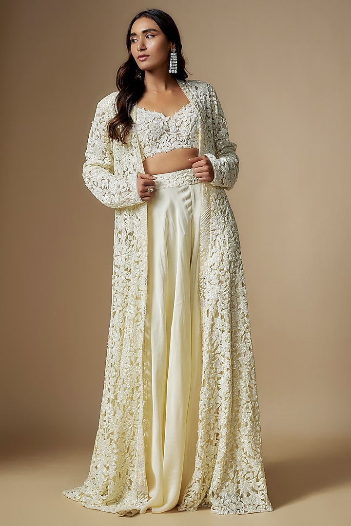 Ivory Satin Organza & Tulle Hand Embroidered Jacket Set by ASAGA at Pernia's Pop Up Shop