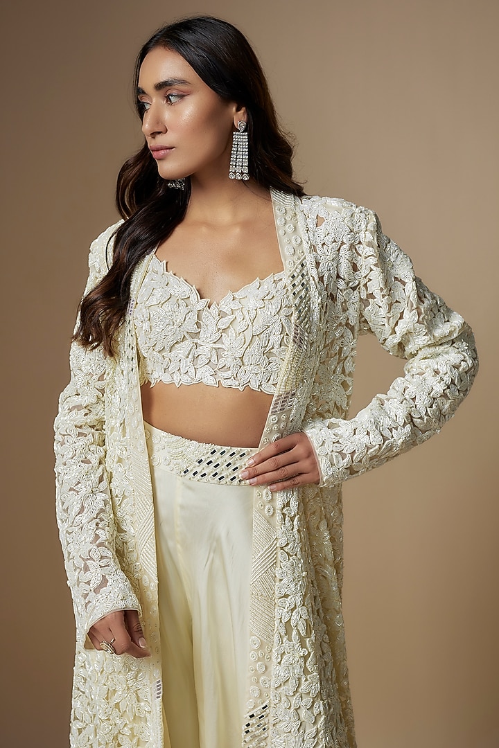 Ivory Satin Organza & Tulle Hand Embroidered Jacket Set by ASAGA at Pernia's Pop Up Shop