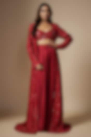 Red Satin Organza Tulle Hand Embroidered Jacket Set by ASAGA at Pernia's Pop Up Shop