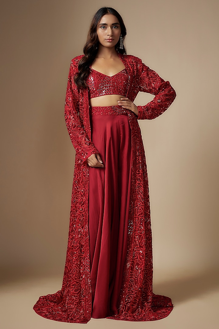 Red Satin Organza Tulle Hand Embroidered Jacket Set by ASAGA at Pernia's Pop Up Shop