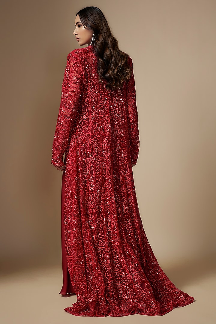 Red Satin Organza Tulle Hand Embroidered Jacket Set by ASAGA at Pernia's Pop Up Shop