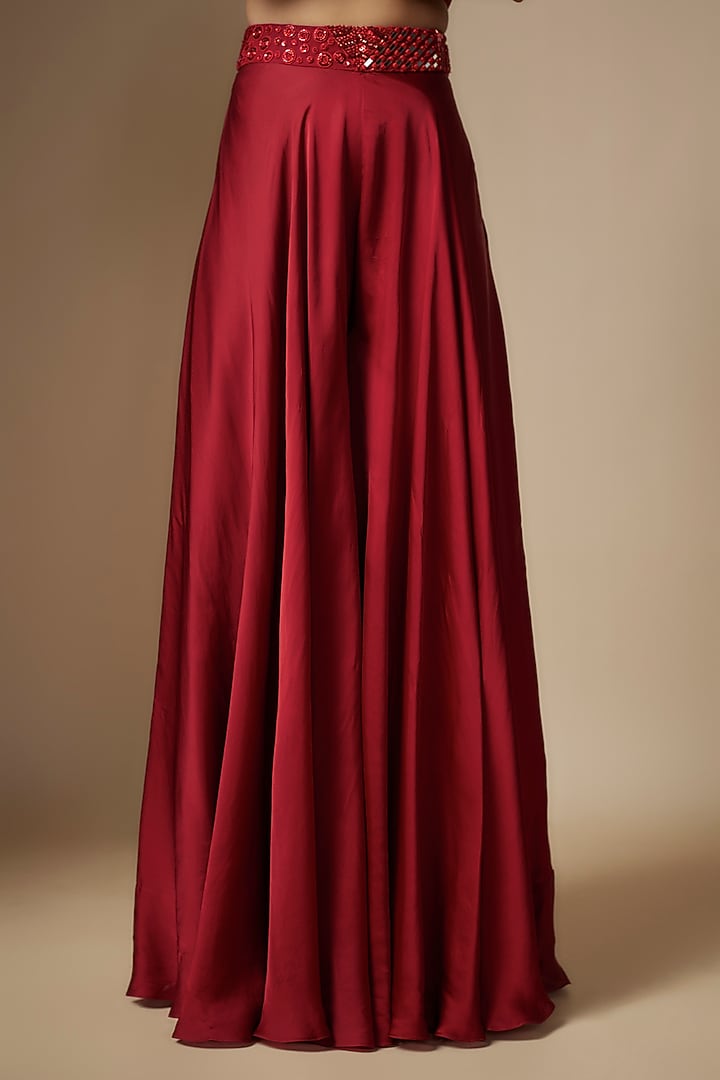 Red Satin Organza Tulle Hand Embroidered Jacket Set by ASAGA at Pernia's Pop Up Shop