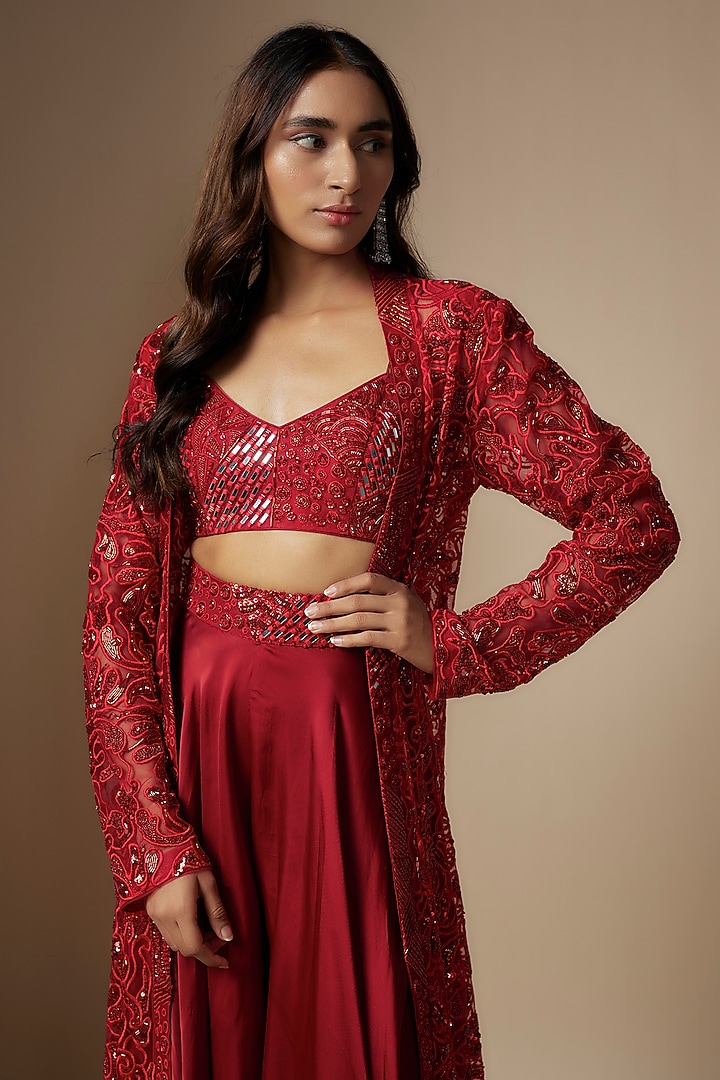 Red Satin Organza Tulle Hand Embroidered Jacket Set by ASAGA at Pernia's Pop Up Shop