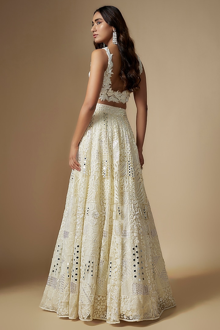 Ivory Tulle Hand Embroidered Bridal Lehenga Set by ASAGA at Pernia's Pop Up Shop