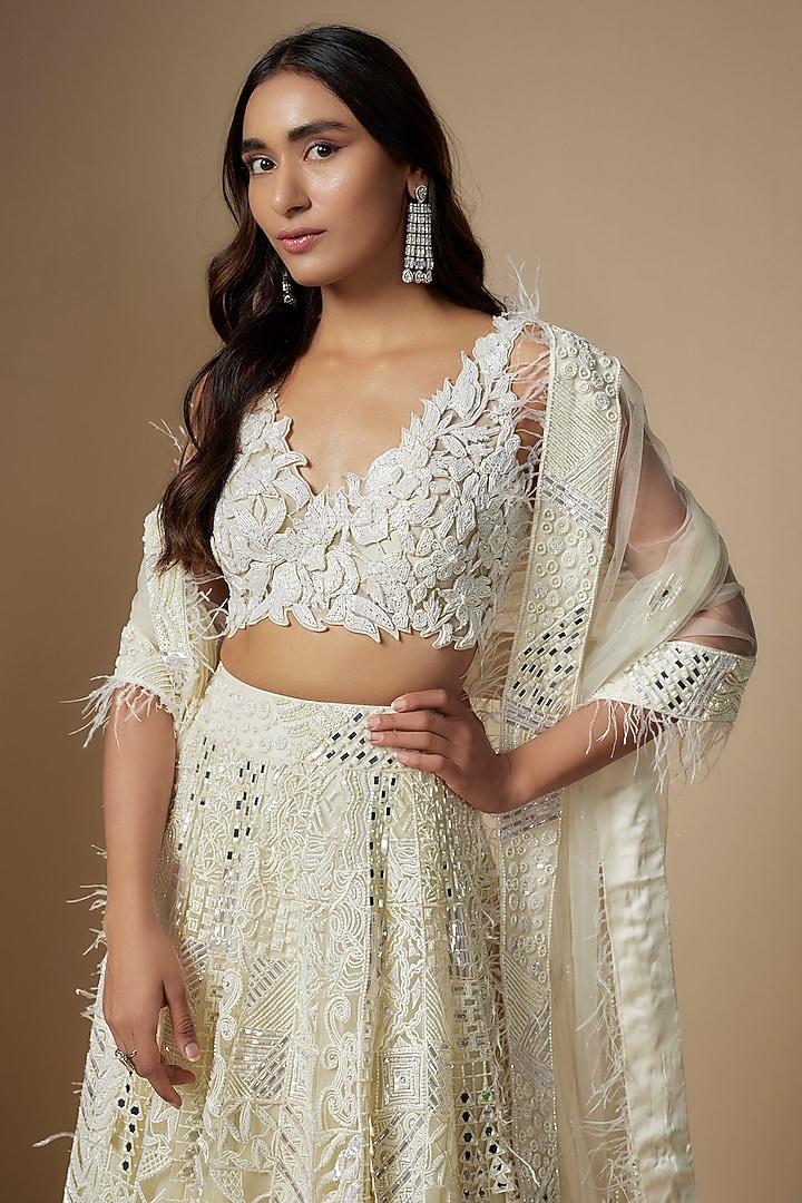 Ivory Tulle Hand Embroidered Bridal Lehenga Set by ASAGA at Pernia's Pop Up Shop