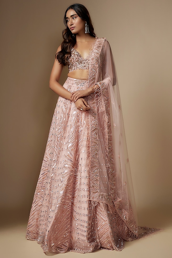 Rose Gold Tulle Hand Embroidered Lehenga Set by ASAGA