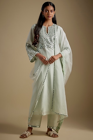 Mint Chanderi & Muslin Mirror Embroidered Kurta Set by ASAGA